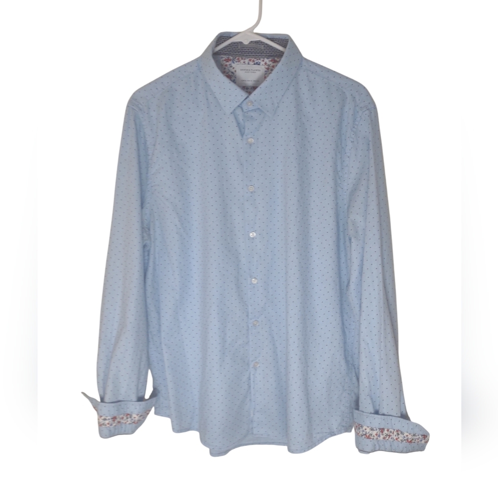 Denim & Flower shirt men's blue dot floral trimmed inside cuffs XL Button down